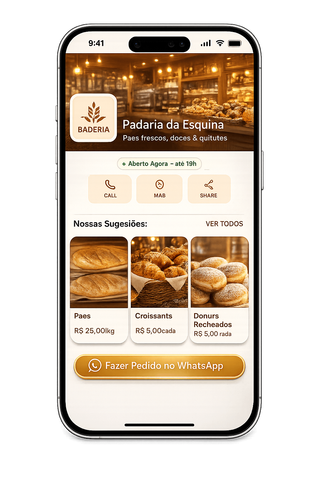 Vitrine digital de padaria no Virali — pedidos pelo WhatsApp