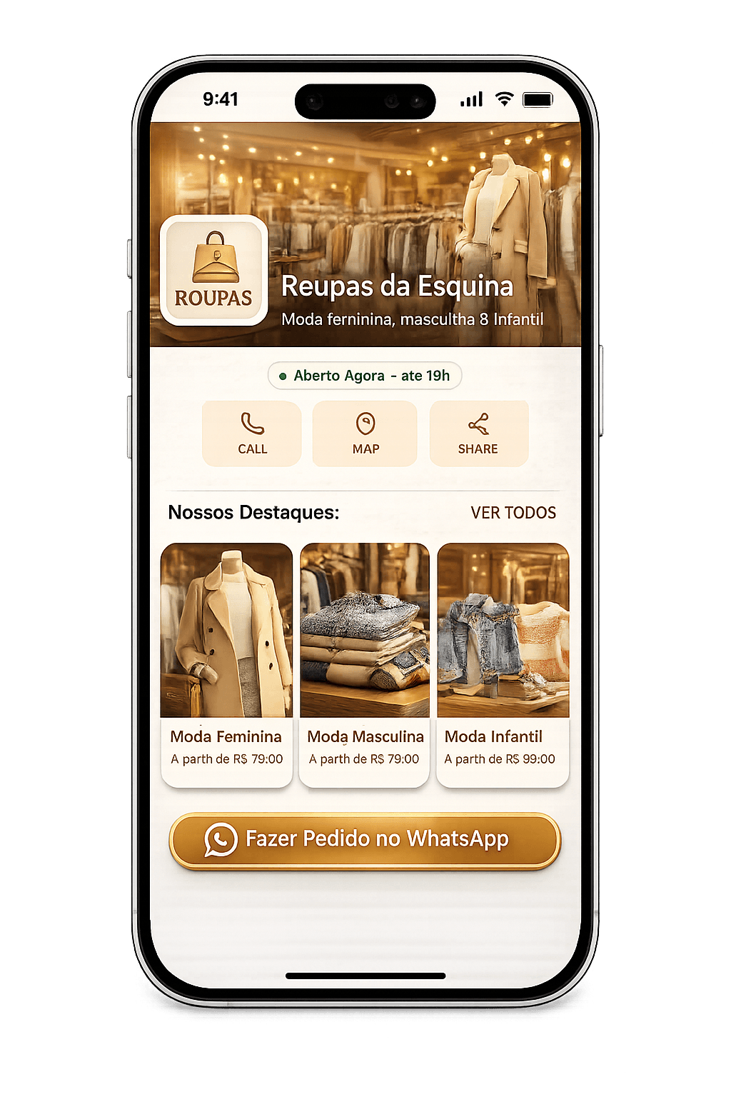 Vitrine digital de loja de roupas no Virali — venda local sem comissão