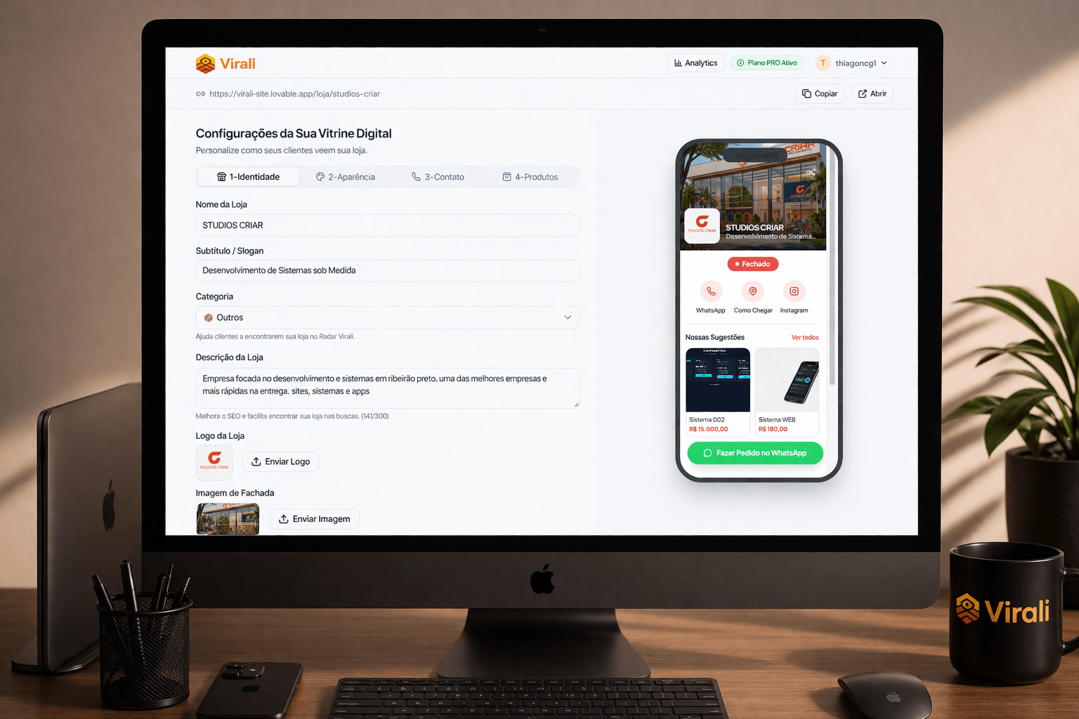 Painel administrativo Virali — configure sua vitrine em minutos
